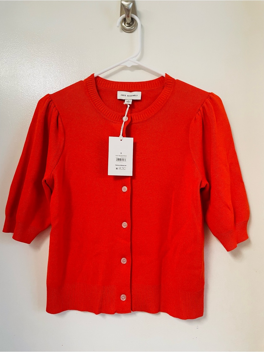 Free Assembly Red Puff-Sleeve Button-Front Cardigan